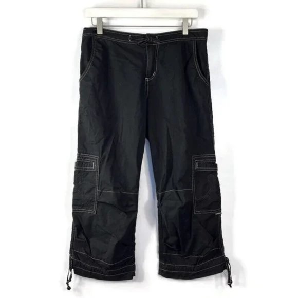 prAna Womens Black Cropped Cargo Capri Pant Drawstring Hem Sz M - Picture 1 of 6